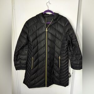 Michael Kors Hooded Long Puffer Coat with Gold Trim